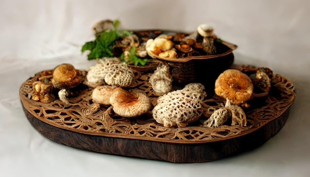 Vassoio di vimini con varietà di funghi crudi sulla tavola di legno