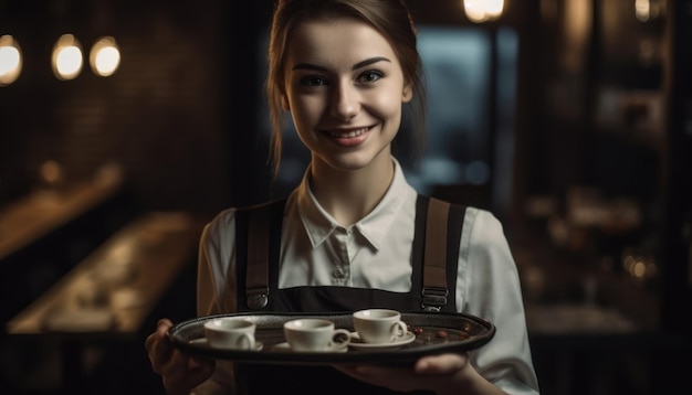 Vassoio felice della tenuta della cameriera di bar con la tazza di caffè