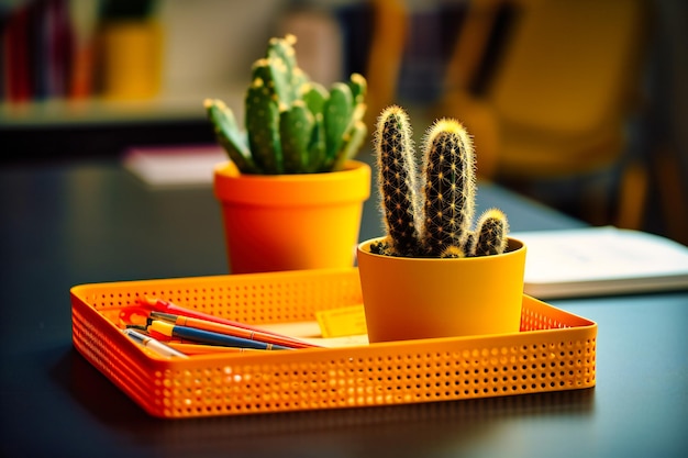 Vassoio giallo di forniture con cactus arancione in una pentola sul piano del tavolo