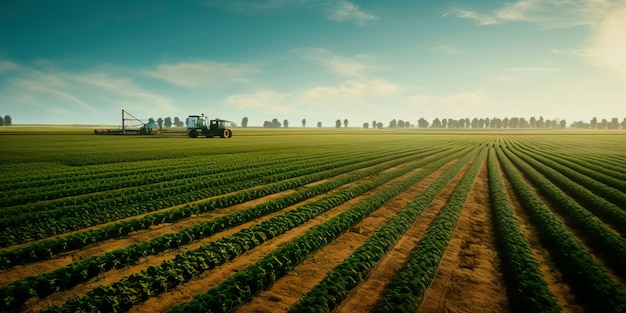 vasta azienda agricola con campi coltivati, trattori e macchinari coinvolti nella produzione alimentare per una popolazione in crescita