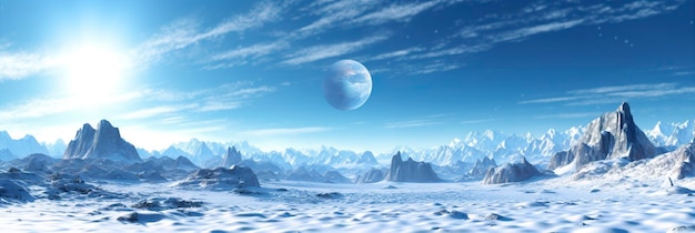 vasta terra di neve desolata grandi montagne sullo sfondo nevicata con cielo azzurro e colori azzurri atmosfera pacifica AI Generativo