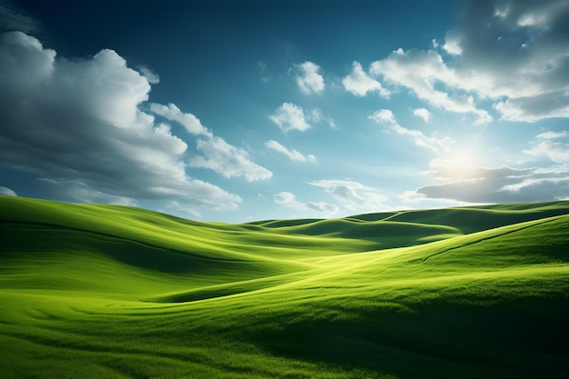 vasto campo di erba verde al sole pomeridiano IA generativa