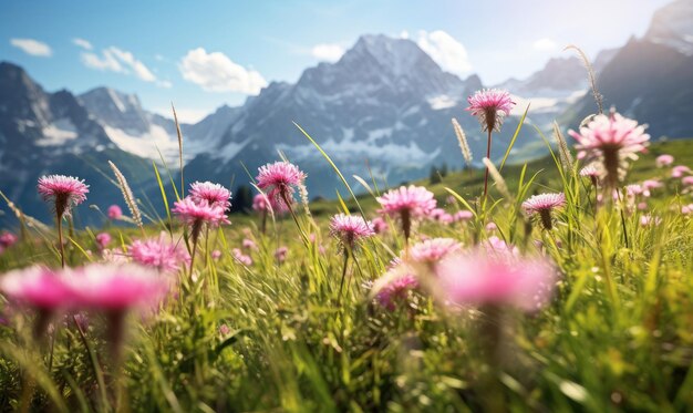 Vasto prato alpino punteggiato da vivaci fiori selvatici con maestose montagne innevate sullo sfondo Un paesaggio naturale sereno e pittoresco Creato con strumenti di intelligenza artificiale generativa