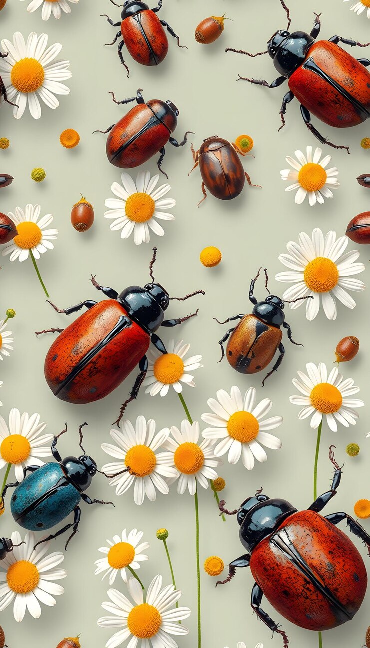 Foto vecchi coleotteri e margherite isolati con punti bianchi
