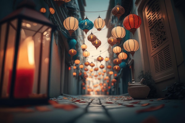 Vecchi disegni di tradizione di lanterne per l'illuminazione del mese sacro di preghiera nel ramadan generato dall'IA