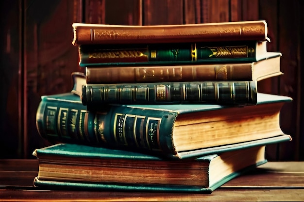 Vecchi libri accatastati su una scrivania di legno fotografati in uno studio scarsamente illuminato con una messa a fuoco selettiva