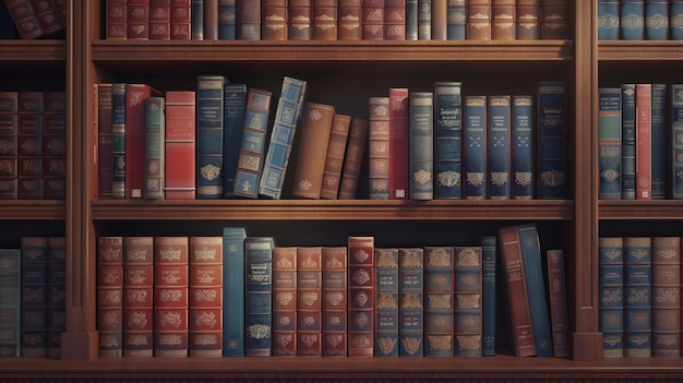Vecchi libri rilegati in pelle su uno scaffale Vecchia immagine di biblioteca
