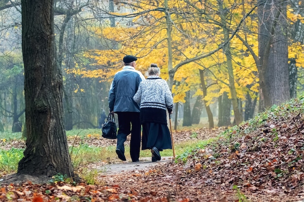 Vecchi nonni che camminano nella sosta di autunno. Amore in età adulta.