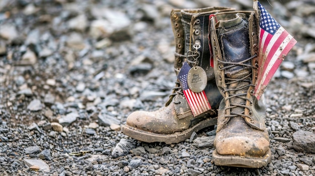 Vecchi stivali da combattimento militari con targhe per cani e una piccola bandiera americana sullo sfondo di ghiaia rocciosa con spazio di copia Memorial day
