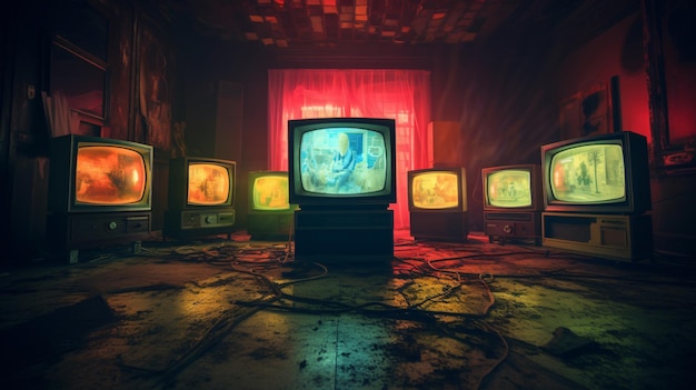 Vecchi televisori vintage su un pavimento in una stanza