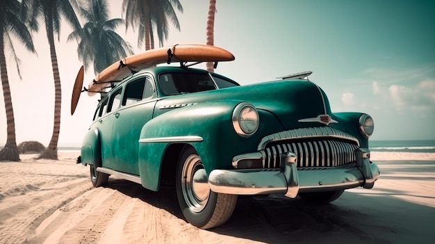 vecchia auto d'epoca sulla spiaggia con uno skateboard acquatico una bellissima palma illustratore generativo AI