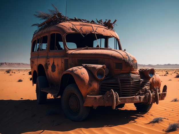 Vecchia auto retrò arrugginita nel deserto generata dall'AI