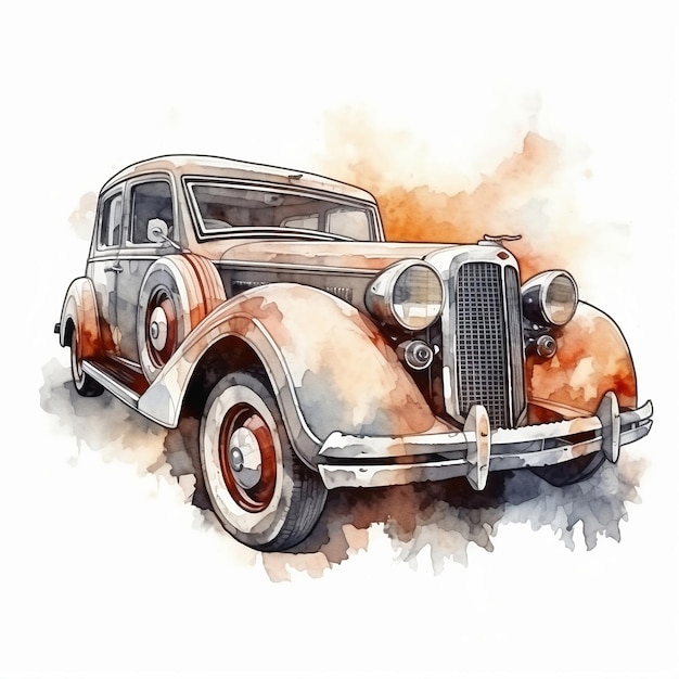 Vecchia auto retrò Illustrazione acquerello in stile schizzo Trasporto auto vintage Per creare sublimazioni