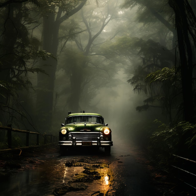 Vecchia automobile classica su una strada asfaltata nebbiosa nella foresta