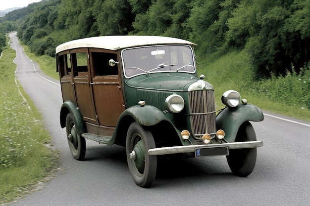 Vecchia automobile europea che guida su una strada campestre