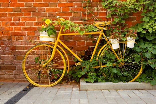 Vecchia bici retrò sul muro di mattoni di sfondo