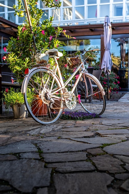 Vecchia bicicletta in un giardino