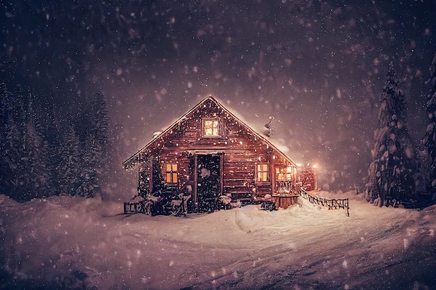 vecchia cabina di legno in stile scandinavo nella foresta di neve, tema natalizio.