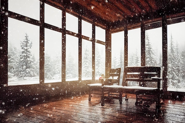 vecchia cabina di legno in stile scandinavo nella foresta di neve, tema natalizio.