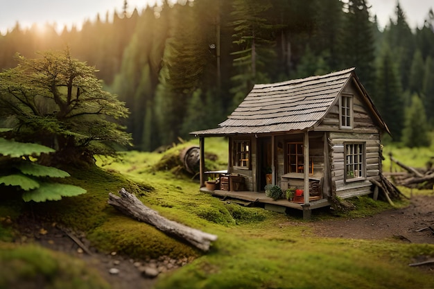 vecchia cabina in legno in miniatura nella foresta