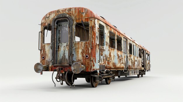 Vecchia carrozza ferroviaria arrugginita isolata su sfondo bianco rendering 3D