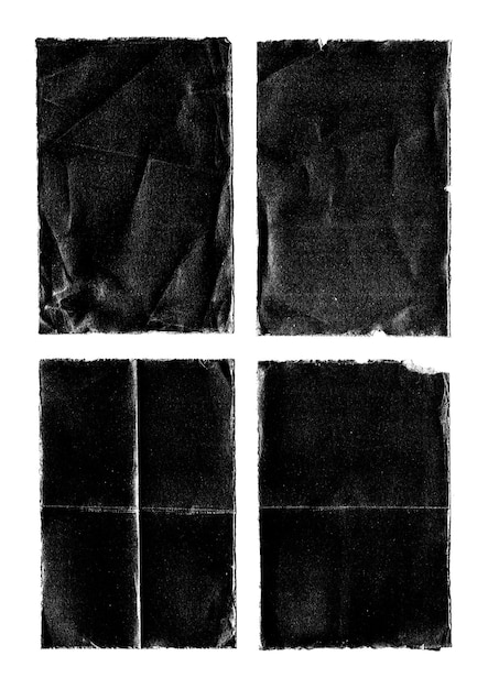 Vecchia carta di cartone di carta danneggiata vuota nera isolata su scansione a mezza tonalità nera reale