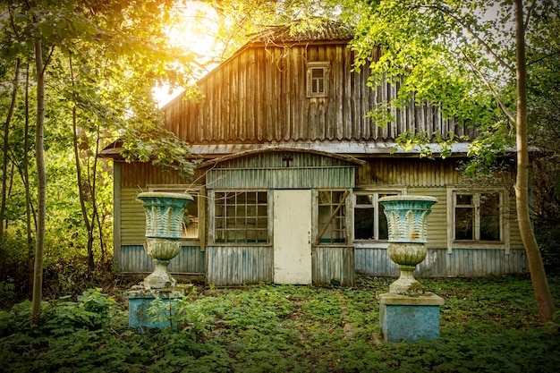 Vecchia casa abbandonata di legno nella foresta.