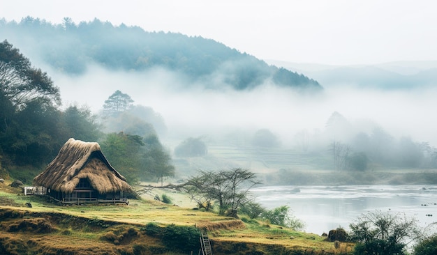 Vecchia casa cottage piccola casa di paglia su una collina nello stile di atmosfera nebbiosa Generative Ai