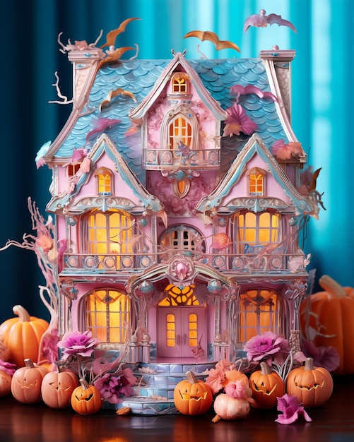 Vecchia casa di Halloween con una brillante notte spaventosa