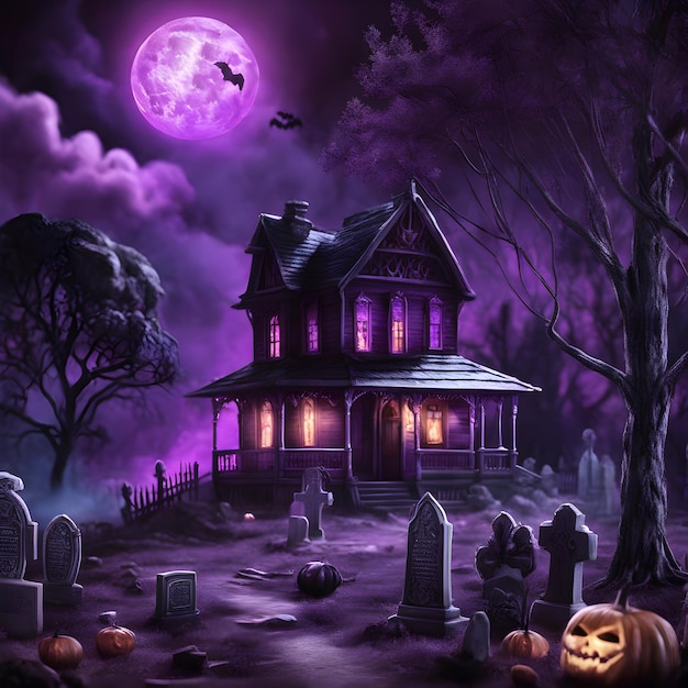 Vecchia casa di Halloween di notte con il cimitero davanti viola