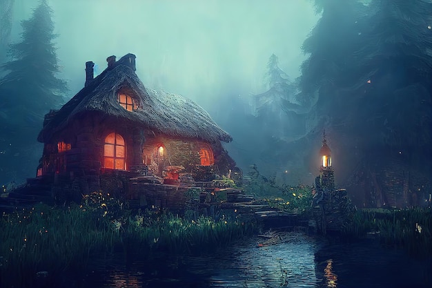 Vecchia casa in una mistica foresta spettrale rendering 3D illustrazione raster