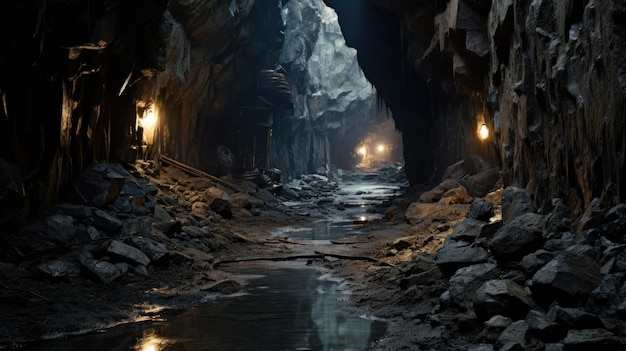 Vecchia caverna del tunnel della miniera con luci e rocce passaggio sotterraneo scuro IA generativa Ingresso al tunnel in montagna all'interno della grotta sotterranea Minerale industriale, carbone e tema geologico