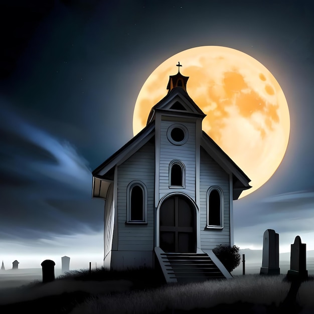 Vecchia chiesa con cimitero la notte di Halloween