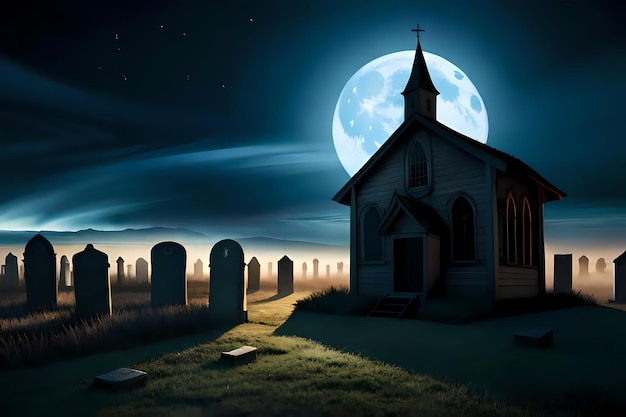 Vecchia chiesa e cimitero al chiaro di luna Illustrazione dell'IA generativa per Halloween