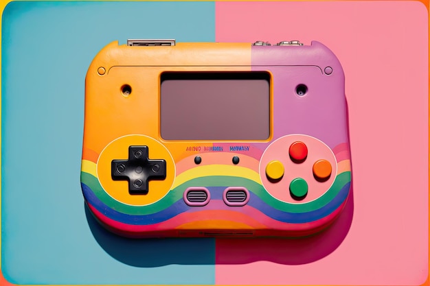 Vecchia console di videogiochi sullo sfondo dell'arcobaleno illustrazione digitale AI