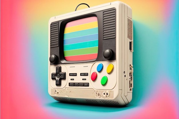 Vecchia console di videogiochi sullo sfondo dell'arcobaleno illustrazione digitale AI