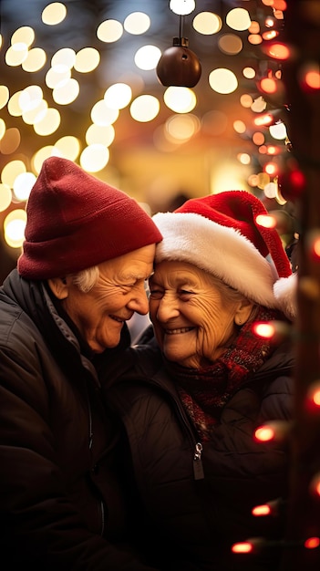 vecchia coppia a Natale felice e insieme con uno sguardo complice nei loro occhi