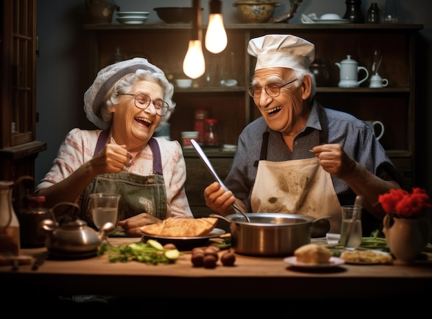 Vecchia coppia che cucina in cucina