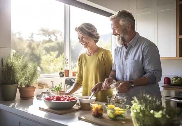 Vecchia coppia che cucina in cucina