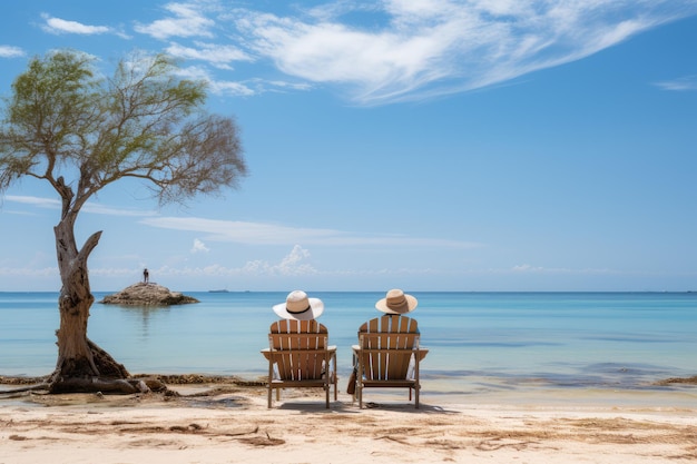 Vecchia coppia in vacanza e vacanza su una spiaggia Concetto di viaggio per persone anziane e anziane