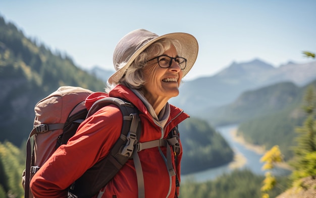 Vecchia donna anziana sorridente con uno zaino in un viaggio di escursione in montagna concetto di donna forte