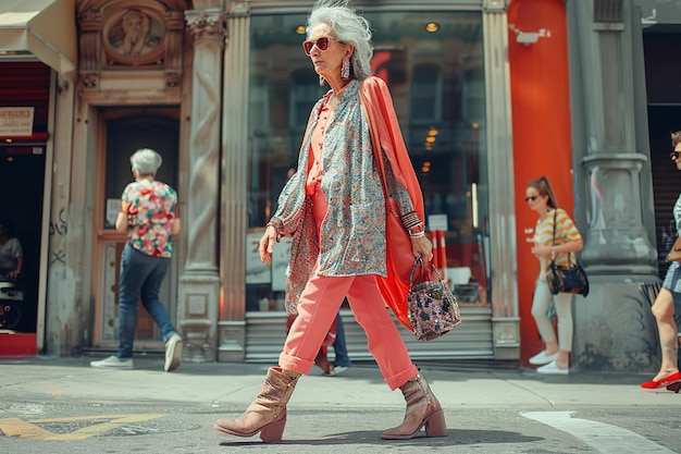 Vecchia donna bella e anziana con i capelli grigi in un abito alla moda Senior street fashion