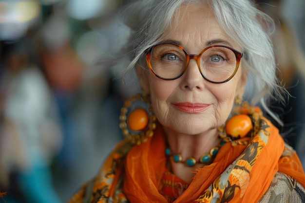 Vecchia donna bella e anziana con i capelli grigi in un abito alla moda Senior street fashion