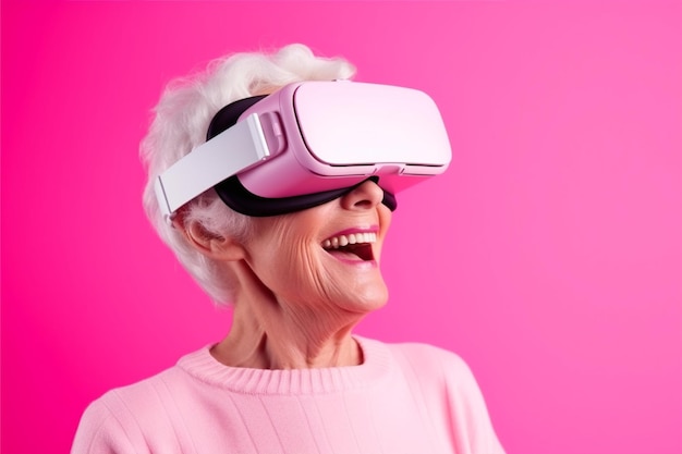 Vecchia donna che indossa occhiali vr e sorridente