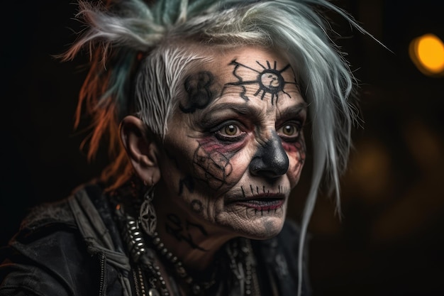 Vecchia donna cybergoth con trucco punk AI generato