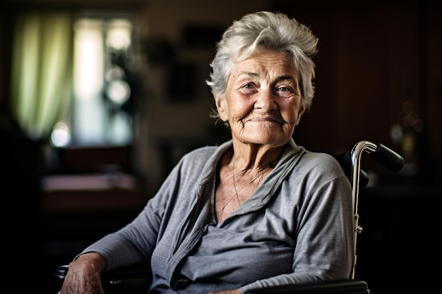 vecchia donna disabile seduta in sedia a rotelle nella casa di riposo sullo sfondo in stile bokeh