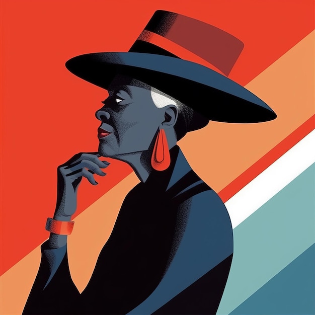 Vecchia donna nera in pensiero e dubbi illustrazione pop art Personaggio femminile con viso sognante su sfondo astratto Ai ha generato un poster retro luminoso