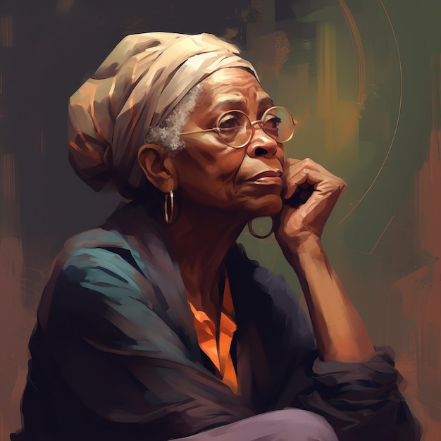 Vecchia donna nera nel pensiero e dubbi illustrazione dipinta ad olio Personaggio femminile con viso sognante su sfondo astratto Poster luminoso in tela acrilica generato da Ai