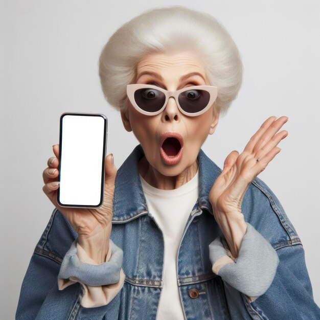 Vecchia donna scioccata con occhiali da sole che tiene in mano uno smartphone con schermo bianco su sfondo bianco solido ai generativo