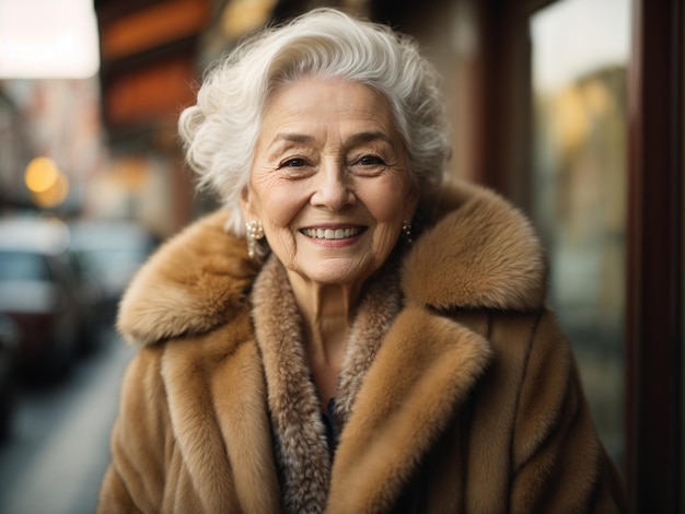 Vecchia donna sorridente con cappotto di pelliccia